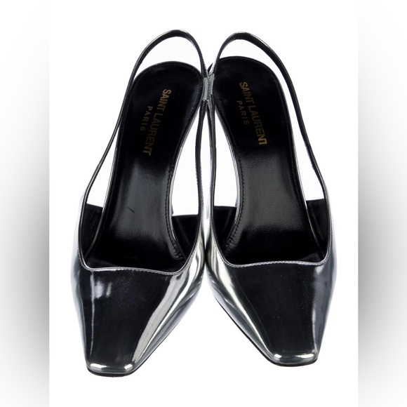 YSL Saint Laurent Patent Tom 90 Blade Leather Slingback Pumps Silver 37.5 $945 - Picture 6 of 8